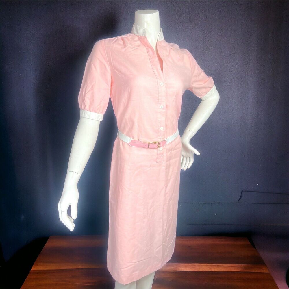 VINTAGE Shirtwaist Dress Pink High Neck Belted Short Sleeve KC Petites Size 10